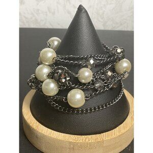 Black & White Multi-Strand Bracelet With Faux Pearls & Rhinestones